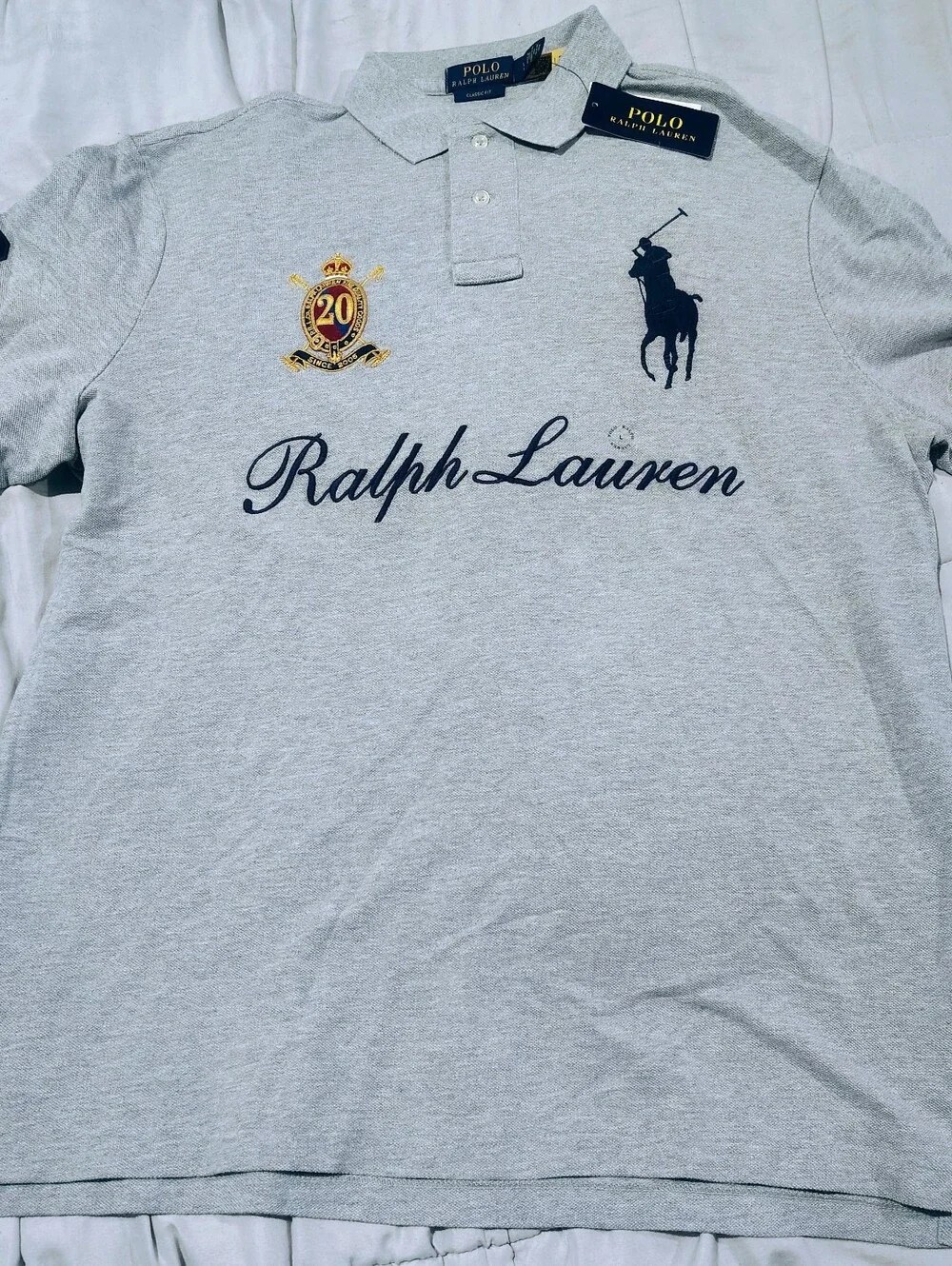 Ralph Lauren Light Gray Polo with Navy Logo and Gold Crest Size Large NWT